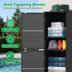 4-Door Rattan Vertical Storage Shed with Adjustable Shelves-Black
