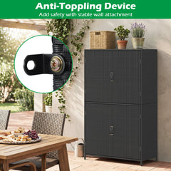 4-Door Rattan Vertical Storage Shed with Adjustable Shelves-Black