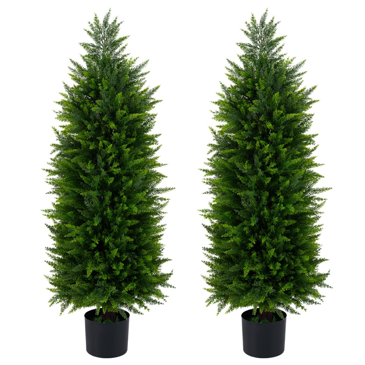 4 FT Artificial Topiary Tree Set of 2 Faux Cedar Cypress Plants in Cement-Filled Pots-Green