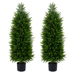 4 FT Artificial Topiary Tree Set of 2 Faux Cedar Cypress Plants in Cement-Filled Pots-Green