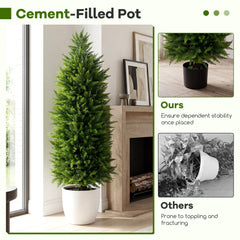 4 FT Artificial Topiary Tree Set of 2 Faux Cedar Cypress Plants in Cement-Filled Pots-Green