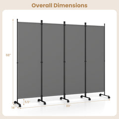 4-Panel Room Divider with Lockable Wheels for Living Room-Gray