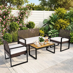 4 Piece Diamond Weave Wicker Patio Set with Acacia Coffee Table, Brown and Black