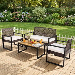 4 Piece Diamond Weave Wicker Patio Set with Acacia Coffee Table, Brown and Black