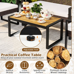 4 Piece Diamond Weave Wicker Patio Set with Acacia Coffee Table, Brown and Black