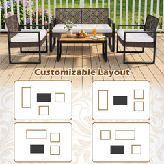 4 Piece Diamond Weave Wicker Patio Set with Acacia Coffee Table, Brown and Black