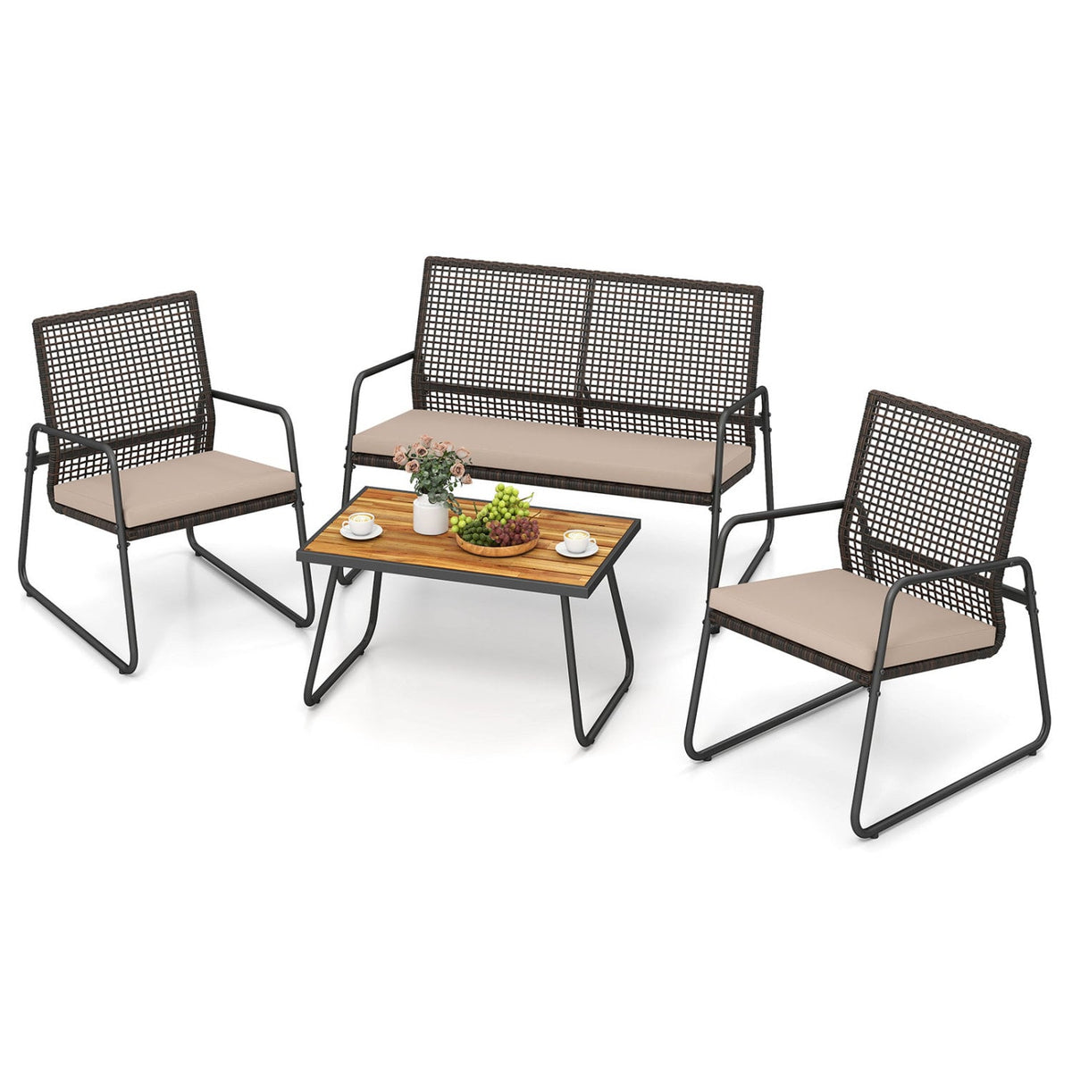 4 Piece Patio Set with Open Mesh Rattan Seating, 105 Degree Angled Backs and 31 in Solid Acacia Coffee Table, Mix Brown