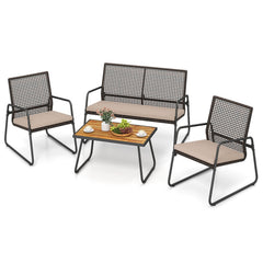 4 Piece Patio Set with Open Mesh Rattan Seating, 105 Degree Angled Backs and 31 in Solid Acacia Coffee Table, Mix Brown