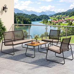 4 Piece Patio Set with Open Mesh Rattan Seating, 105 Degree Angled Backs and 31 in Solid Acacia Coffee Table, Mix Brown