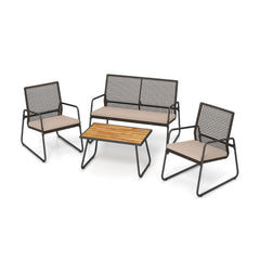 4 Piece Patio Set with Open Mesh Rattan Seating, 105 Degree Angled Backs and 31 in Solid Acacia Coffee Table, Mix Brown