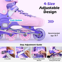 4-Size Adjustable Light-Up Inline Skates for Toddlers Ages 5-7-Purple