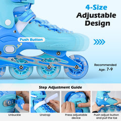 4-Size Adjustable Light-Up Kids Inline Skates for Kids Ages 7-9-Blue