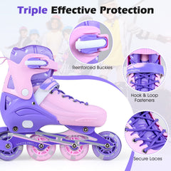 4-Size Adjustable Light-Up Kids Inline Skates for Kids Ages 7-9-Purple