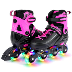 4-Size Adjustable Light-Up Kids Inline Skates for Kids Ages 9-14-Pink