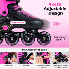 4-Size Adjustable Light-Up Kids Inline Skates for Kids Ages 9-14-Pink