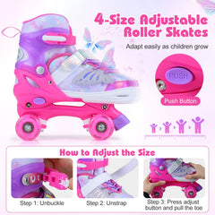 4 Sizes Adjustable Kids Roller Skates for Toddlers Ages 9-14 with 4 Light-up Wheels-Pink
