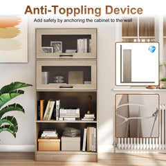 4-Tier Bookshelf with Storage Cabinets and Open Compartments-Natural