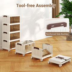 4-Tier Collapsible Shoe Box Lid Doors and Lockable Wheels-White
