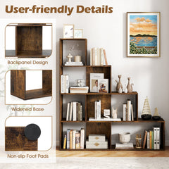 4-Tier Stepped Bookshelf Freestanding Ladder Storage Shelf with 6 Cubes-Rustic Brown