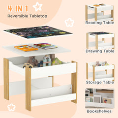 3 Piece Kids Table and Chair Set with Reversible Tabletop, Blackboard, Storage, Bookshelf, for Playroom, Nursery, Grey