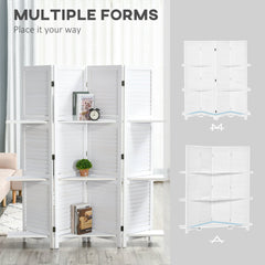 4-Panel Wall Partition Room Separator with 3 Storage Shelves Foldable Design Wooden Frame 5.6FT White