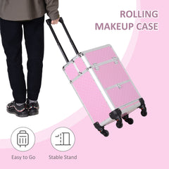 Portable Aluminum Makeup Train Cases, Rolling Makeup Case, Salon Beauty Cosmetic Jewelry Organizer Trolley with 4 Wheels, Black