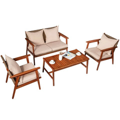 4 Piece Acacia Wood and Rattan Patio Furniture Set, 45 in Loveseat, 2 Chairs and 40 in Slatted Coffee Table, Beige Cushions