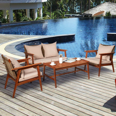 4 Piece Acacia Wood and Rattan Patio Furniture Set, 45 in Loveseat, 2 Chairs and 40 in Slatted Coffee Table, Beige Cushions