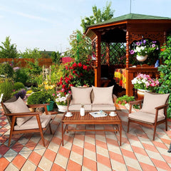 4 Piece Acacia Wood and Rattan Patio Furniture Set, 45 in Loveseat, 2 Chairs and 40 in Slatted Coffee Table, Beige Cushions