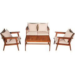 4 Piece Acacia Wood and Rattan Patio Furniture Set, 45 in Loveseat, 2 Chairs and 40 in Slatted Coffee Table, Beige Cushions