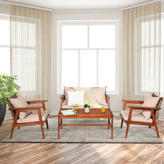 4 Piece Acacia Wood and Rattan Patio Furniture Set, 45 in Loveseat, 2 Chairs and 40 in Slatted Coffee Table, Beige Cushions