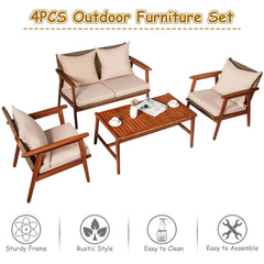 4 Piece Acacia Wood and Rattan Patio Furniture Set, 45 in Loveseat, 2 Chairs and 40 in Slatted Coffee Table, Beige Cushions