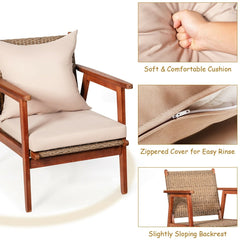 4 Piece Acacia Wood and Rattan Patio Furniture Set, 45 in Loveseat, 2 Chairs and 40 in Slatted Coffee Table, Beige Cushions