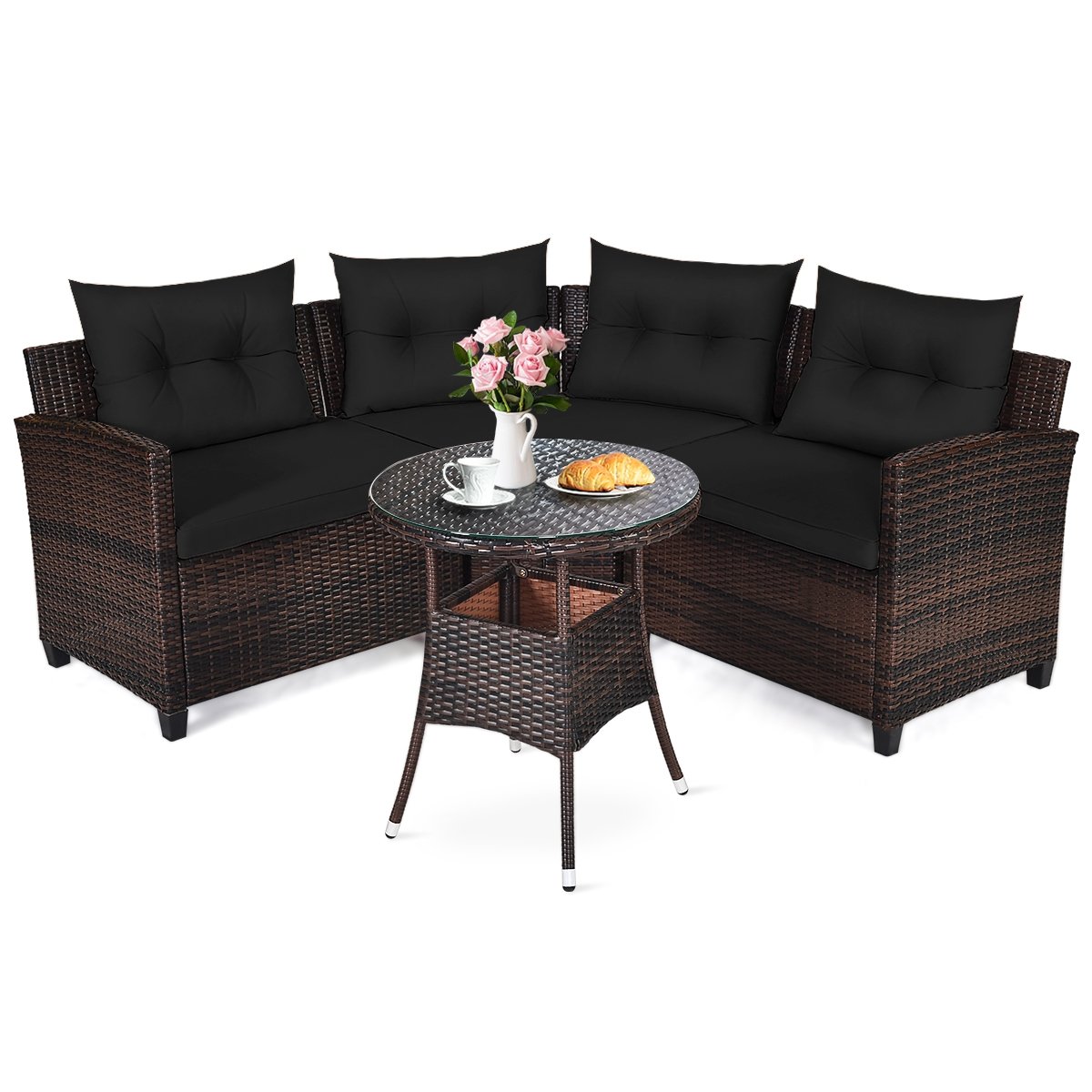 4 Piece Curved Patio Rattan Conversation Set, 2 Armchairs, Curved Sofa and Round Glass Table, Black Cushions
