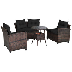 4 Piece Curved Patio Rattan Conversation Set, 2 Armchairs, Curved Sofa and Round Glass Table, Black Cushions