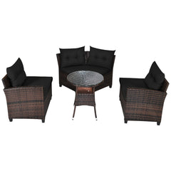 4 Piece Curved Patio Rattan Conversation Set, 2 Armchairs, Curved Sofa and Round Glass Table, Black Cushions