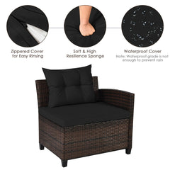 4 Piece Curved Patio Rattan Conversation Set, 2 Armchairs, Curved Sofa and Round Glass Table, Black Cushions