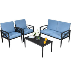 4 Piece Aluminum Patio Conversation Set with Cushioned Sofas and Coffee Table, Blue