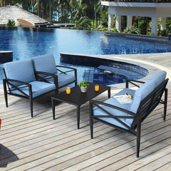 4 Piece Aluminum Patio Conversation Set with Cushioned Sofas and Coffee Table, Blue