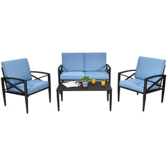 4 Piece Aluminum Patio Conversation Set with Cushioned Sofas and Coffee Table, Blue