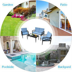 4 Piece Aluminum Patio Conversation Set with Cushioned Sofas and Coffee Table, Blue