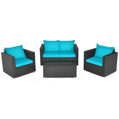 4 Piece Deep Seat Rattan Patio Conversation Set with Glass Coffee Table, Turquoise
