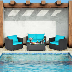 4 Piece Deep Seat Rattan Patio Conversation Set with Glass Coffee Table, Turquoise