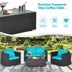 4 Piece Deep Seat Rattan Patio Conversation Set with Glass Coffee Table, Turquoise