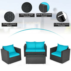 4 Piece Deep Seat Rattan Patio Conversation Set with Glass Coffee Table, Turquoise