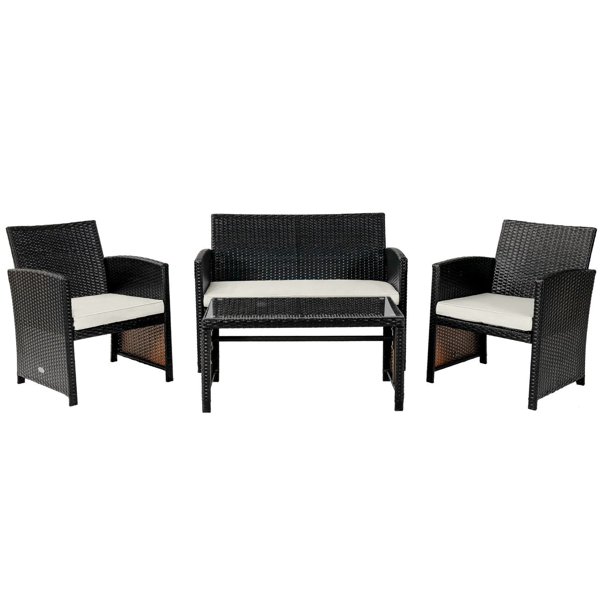 4 Piece Patio Rattan Cushioned Furniture Set with Loveseat, 2 Armchairs and Tempered Glass Coffee Table, Black Weave and Cream Cushions