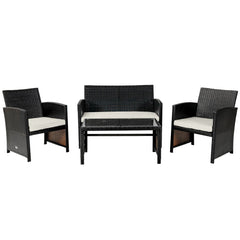 4 Piece Patio Rattan Cushioned Furniture Set with Loveseat, 2 Armchairs and Tempered Glass Coffee Table, Black Weave and Cream Cushions