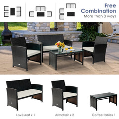 4 Piece Patio Rattan Cushioned Furniture Set with Loveseat, 2 Armchairs and Tempered Glass Coffee Table, Black Weave and Cream Cushions