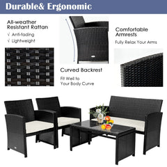 4 Piece Patio Rattan Cushioned Furniture Set with Loveseat, 2 Armchairs and Tempered Glass Coffee Table, Black Weave and Cream Cushions