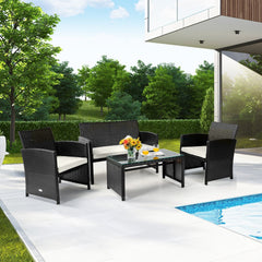 4 Piece Patio Rattan Cushioned Furniture Set with Loveseat, 2 Armchairs and Tempered Glass Coffee Table, Black Weave and Cream Cushions